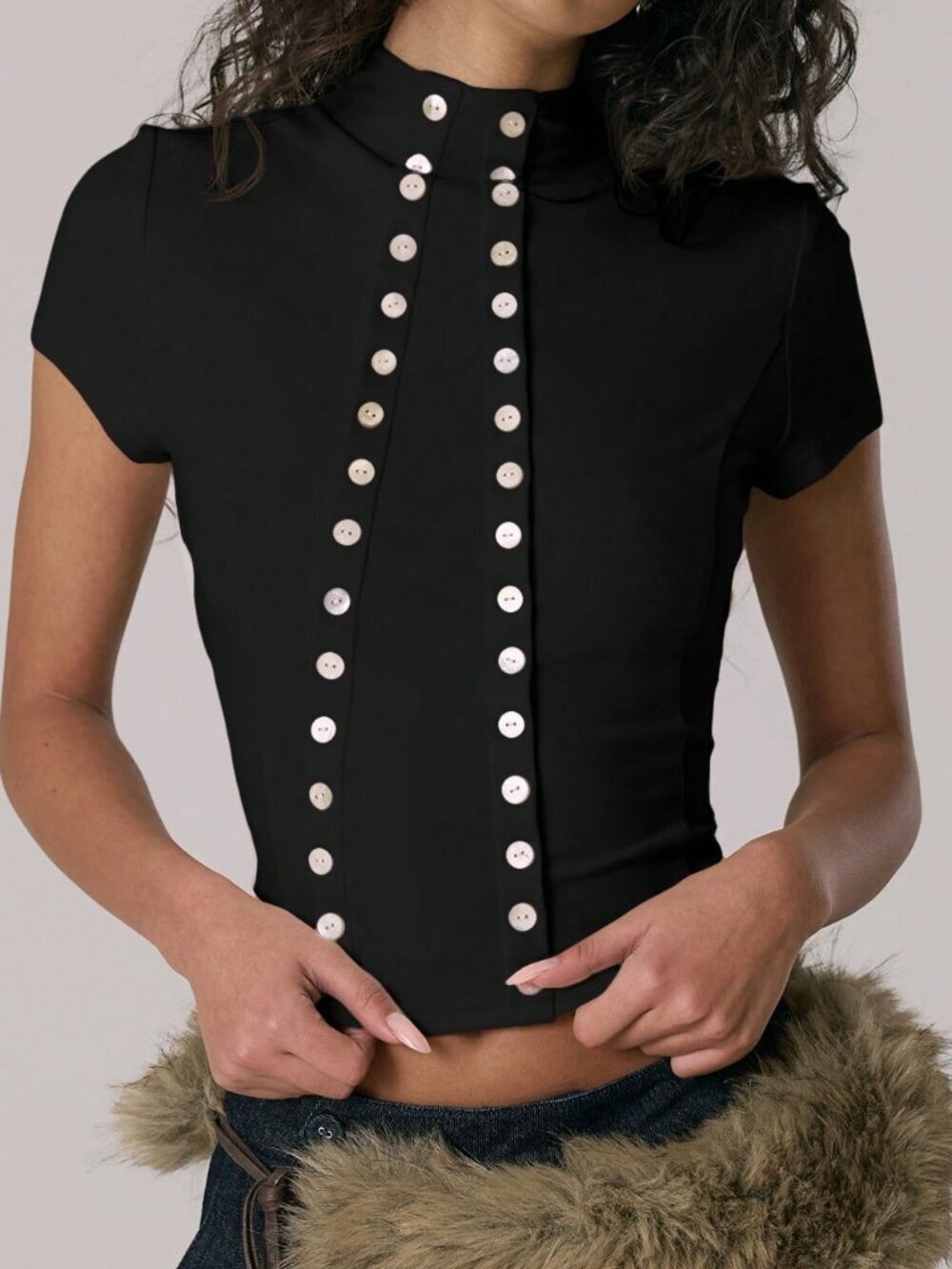 Black Elegant Women's Funnel Neck Fitted Asymmetric Top